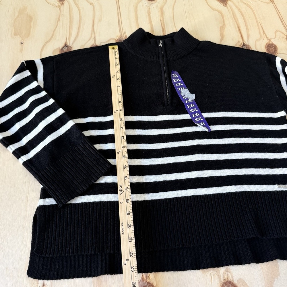 DKNY Women's Black White Striped Quarter Zip Sweater Knit Pullover Size 2XL
